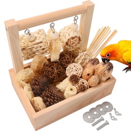 Wooden Bird Parrot Foraging Toys Box with Perch Stand, Cage Accessories