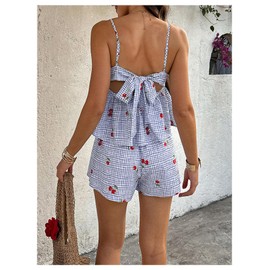 GORGLITTER Coord Sets for Women UK Gingham Cherry Print Bow Tie Backless Flared Cami Top Shorts Set 2 Pieces Travel Outfit Blue Large