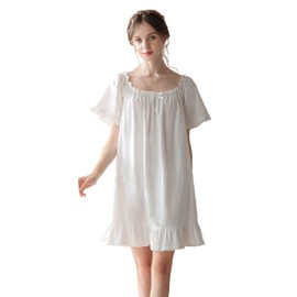 COSOSA Women's Cotton Nightgowns Vintage Lightweight Gown Sets Short Sleeve Princess Nightdress(White,L)