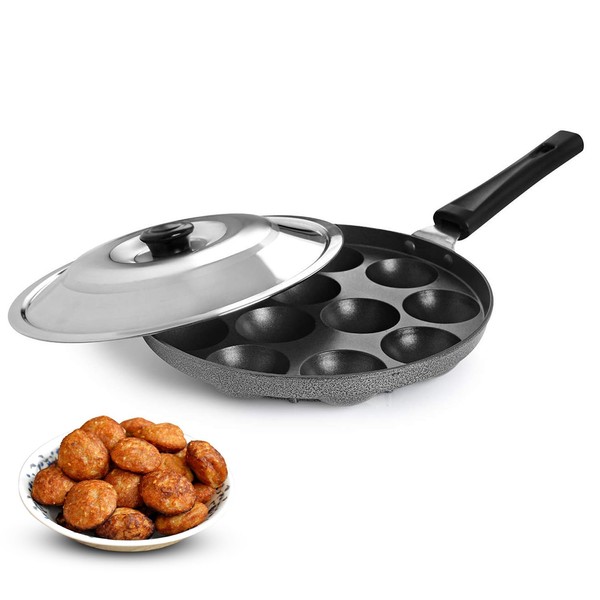 PANCA Non-Stick 12 Cavity Appam Patra Single Handle with Stainless