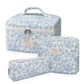 STORICANS Makeup Bag,Cosmetic Bag Travel 3Pcs Floral Cotton Quilted Makeup Bag Large Quilted Portable Toiletry Organiser Bag Makeup Pouch Light Blue Flower(Large+Medium+Pouch)