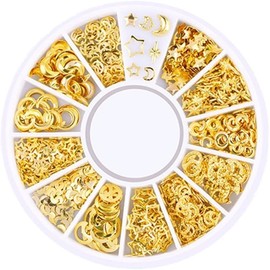 1 Box Mixed Gold Nail Charms Set Gold Nail Rivets Gemstones Sparkling Rhinestones Metal Rivets Charms Hollow Moon Star Hearts Shaped Artificial Pearls DIY 3D Nail Art Decoration