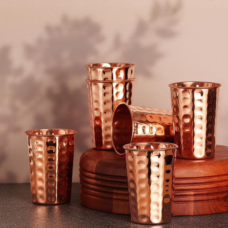 ANCIENTIMPEX Set of 6 Pure Copper Hammered Tumblers, 350ml Capacity