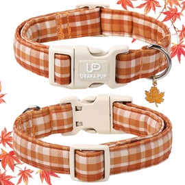 UP URARA PUP Fall Plaid Dog Collar with Maple Leaf Charm – Adjustable Autumn Checkered Dog Collar for Small Medium Large Dogs, Soft Cotton Puppy Collars with Quick Release Buckle and Metal D-Ring