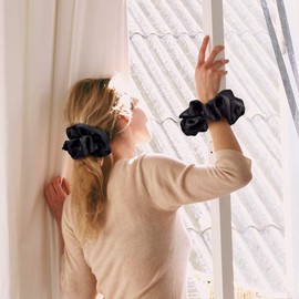 AP SALES Black Big Real Silk Scrunchies for Women Large Scrunchie Satin Oversized Silk Thick Elastic Hair Ties Jumbo Hair Scrunchies 6 Pack (Black)