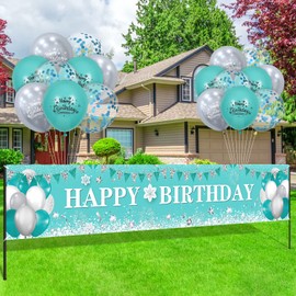Teal Birthday Decorations for Men Women Teal Silver Happy Birthday Banner Yard Sign and Turquoise Birthday Balloons Mint Blue Birthday Supplies for Birthday Anniversary Party Decorations