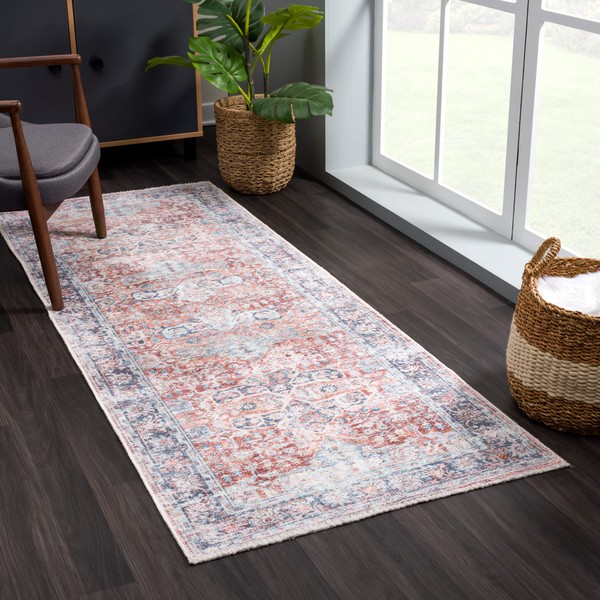 Bloom Rugs Caria Washable Non-Slip 7 ft Runner - Brick/Dark Blue Runner for Entryway, Hallway, Bathroom and Kitchen - Exact Size: 2'6" x 7'