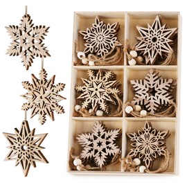 HOUISM 24pcs Christmas Snowflakes Ornaments Wooden Tree Hanging Decorations Rustic Wood Crafts Snowflakes Cut-outs Embellishments, ⌀7.5cm