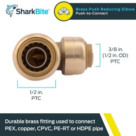 SharkBite 1/2 Inch x 3/8 Inch 90 Degree Reducing Elbow, Push to Connect Brass Plumbing Fitting, PEX Pipe, Copper, CPVC, PE-RT, HDPE, U272LFA