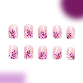 Pink Press on Nails Short Summer Fake Nails Square Flowers Glue on Nails Cute Translucent Acrylic Nails Lavender Artificial Glossy Stick on Nails for Women 24 Pcs