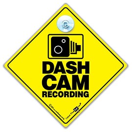 Dash Cam Recording Car Sign, CCTV in Car Recording Sign, Baby on Board Sign Style, Novelty Car Sign, Suction Cup Car Sign in Yellow and Black 14cm x 14cm