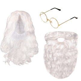 NAUZE Christmas Santa Wig & Beard with Gold Glasses Christmas Wigs and Beard White Santa Costume Fancy Dress Costume