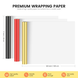 KMER LIFE Metallic Wrapping Paper Rolls, 3 Rolls Premium Gift Wrapping Paper 17 inch x 120 inch Per Roll, Birthday Wrapping Paper for Christmas Wrapping Paper, Baby Shower, Party (Red, Black, Gold)