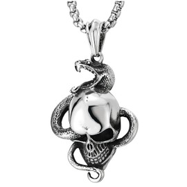 COOLSTEELANDBEYOND Men Stainless Steel Snake Skull Pendant Necklace, Punk Rock, 30 inches Wheat Chain(CA)