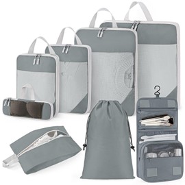 Anjing Compression Packing Cubes Set, 8 Set Travel Organizer Bags with Nylon Fabric, Zipper Closure, Gray - Includes Clothing, Underwear, Cosmetic, Shoe, Drawstring Bags for Luggage Organization