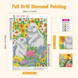 NAIMOER Easter Bunny Diamond Art Kits for Adults, Rabbit with Flowers Diamond Art Kits, DIY 5D Full Drill Diamond Art Spring Diamond Dots Diamond Art Kits for Home Decor 30x40cm