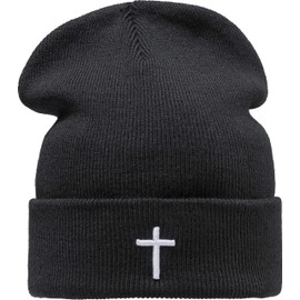 Baddery Knitted Hat: Cross - Jesus Christ God Christ Christian Prayer Church Holy Pray Passion - Winter Hat Beanie Workwear Hat - Women & Men Women & Men Urban Streetwear Gift Sport, black / white
