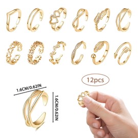 12 Pcs Gold Rings for Women Set Stacking Rings Jewellery Knuckle Rings Women Gold Adjustable Open Filled Toe Rings Hawaiian Summer Beach Foot Jewelry Ladies Gold Ring Set for Mother's Day Birthday