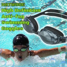 HSTWODE 1 Piece Optical Swimming Goggles with Prescription -1.5 to -9.0, Anti-Fog UV Protection, One Piece Swimming Goggles with Earplugs for Men and Women (Black, -5.5)