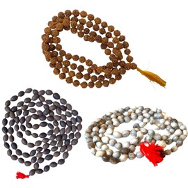 Naisha (Pack of 3) Rudraksha Mala, Kamal Gatta Mala (Lotus Seeds) & Original Vaijanti Mala White Bead Natural Himalaya 5 face Panch Mukhi Rudraksha 108+1 Beads, rudrkasha beeds, vaijanti