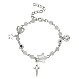 Vintage Punk Y2k Star Pearl Double Layer Beaded Chain Lightweight Bracelet Aesthetic Accessories Grunge Cool Couple Friendship Jewelry for Women-white star