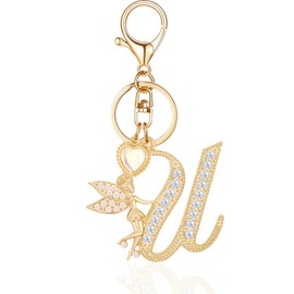 OKAICEN Alphabet Initial Gold Letter Keychain Angle Girls with Heart Crystal Key Ring for Purse Handbags Charms Women Girl ('U')