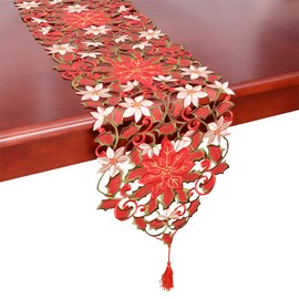 Simhomsen Embroidered Christmas Holiday Poinsettia Table Runners, Dresser Scarves 13 × 72 Inch