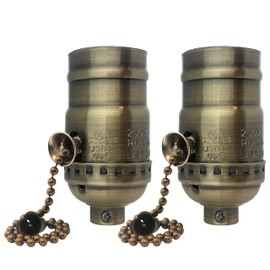 Royal Designs, Inc. Pull Chain Lamp Socket for Incandescent or LED Bulbs, 6" Matching Chain, Antique Brass Finish, Set of 2