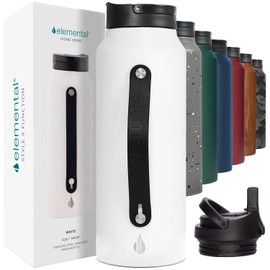 Elemental Iconic Stainless Steel Water Bottle with Straw - 32 oz Leak Proof Triple Wall Insulated Water Bottles for Travel and Sports - Reusable Water Bottle with 2 Straws - White