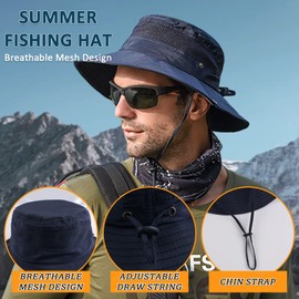 PESAAT Summer Men Fishing Hat UPF 50+ UV Protection Sun Hats for Women Outdoor Wide Brim Bucket Cap (Navy)