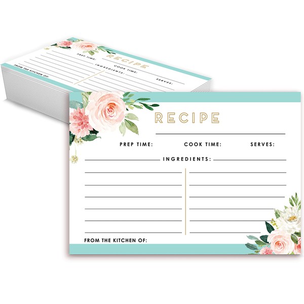 Recipe Cards 4x6 Pack of 50 Double-Sided Rose Watercolor Cards for Weddings, Bridal Showers, Baby Showers, Housewarming Gifts - Smudge free and Easy to Write On