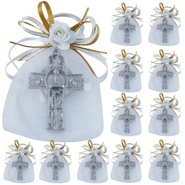WE First Communion Keychain Party Favor Boy (12PCS) Key Ring with Decorated Organza Bags with Gold White Ribbons/ Recuerdos de Primera Comunion Niño/ Gift for Guests (Gold)