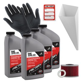 Factory Racing Parts Oil Change Kit compatible with Honda TRX420FA/FPA Fourtrax Rancher AT – Includes 4 Quarts of 10W-40 Full Synthetic Oil, 1 Filter, 1 Crush Washer, 1 Funnel, 1 Oil Change Sticker