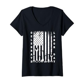 Womens Labor Day American Flag Worker Tools Apparel V-Neck T-Shirt