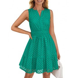 ZESICA Women's Summer Sleeveless Mini Dress V Neck Hollow Out Eyelet Flowy A Line Beach Vacation Party Short Dresses Green Large