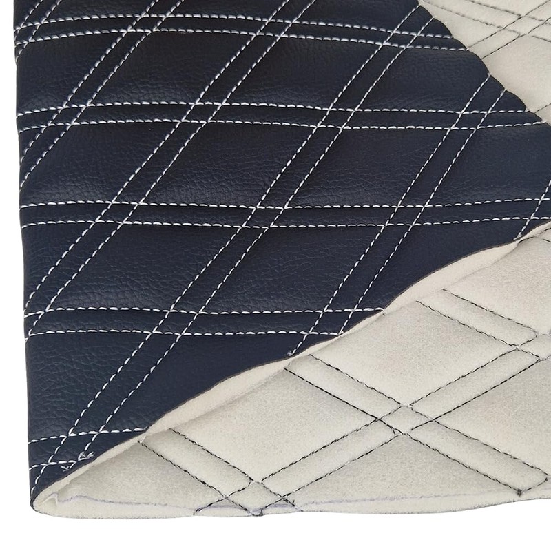 Black Faux Leather Quilted Fabric Double Diamond White Stitch Fluted