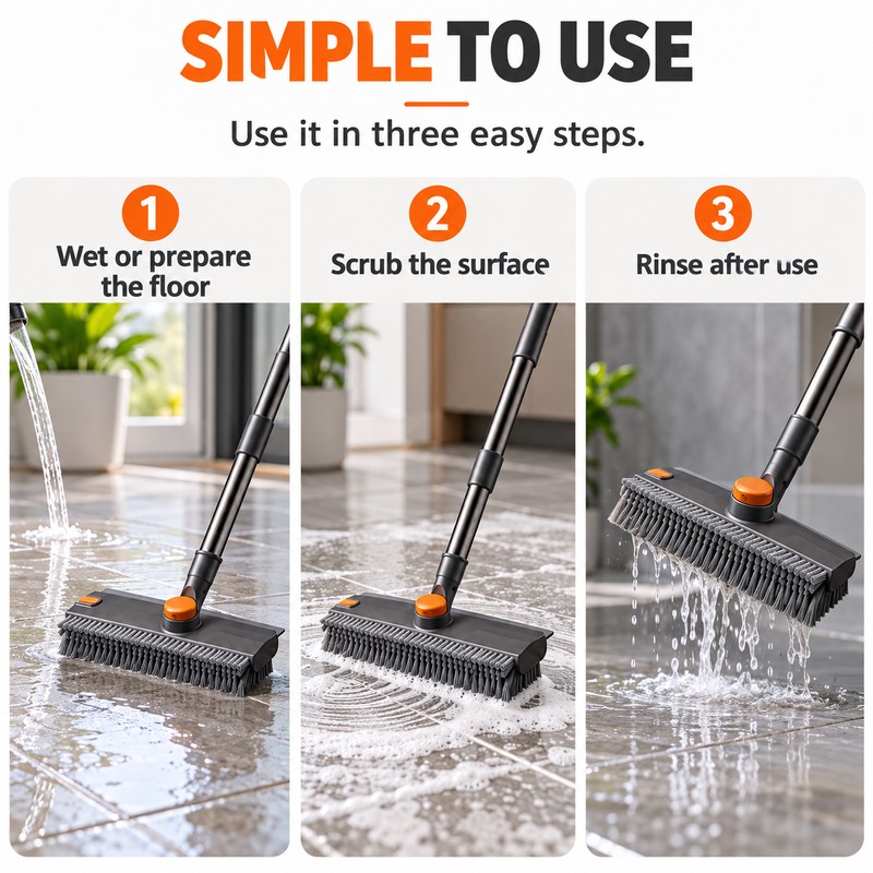 3-in-1 Floor Scrub Brush for Household Cleaning – Long Handle