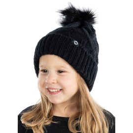 Funky Junque Little Girls Faux Fur Pom Pom Winter Hat, Warm Fleece Lined Cable Knit Beanie, Age 2-5 Years, One Size, Black