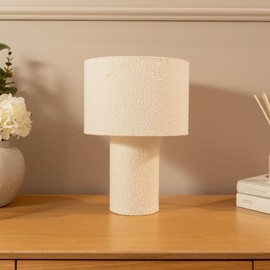 Natural Cream Boucle Bedside Table Lamp with a Drum Lampshade Shade Living Room Bedroom Light
