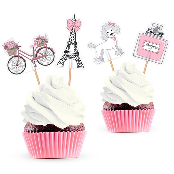 Decoración para tartas con diseño de la Torre Eiffel, París, decoración de fiesta de cumpleaños, 24 unidades