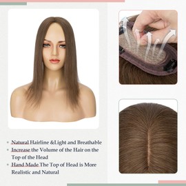 S-noilite Silk Base Clip In On Hair Topper Human Hair Remy Crown Topper Wigs Clip On Toupee Top Hairpiece For Women With Hair Loss Thinning Hair 120% Density,12 inch Medium Brown