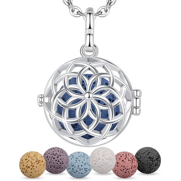EUDORA Essential Oil Necklaces for Women Flower of Life Diffuser Necklace for Essential Oils Lava Stone Ball Jewelry Aromatherapy Diffuser Pendant Locket Necklace for Girl Gift for Women 24", 7PCS