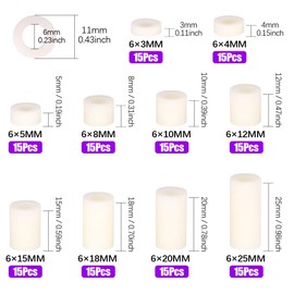 Swpeet 150Pcs Nylon Round Spacer Standoff Screw Nut Assortment Kit, Nylon PA66 Plastic Standoff OD 11mm and ID 6.2mm Length 3mm 4mm 5mm 8mm 10mm 12mm 15mm 18mm 20mm 25mm for M6 Screws Prototyping