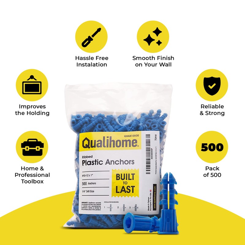 Qualihome Ribbed Plastic Drywall Anchors - Wall Anchors for Drywall