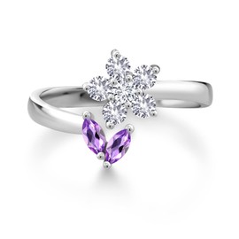 925 Sterling Silver Purple Amethyst White Created Sapphire and White Lab Grown Diamond Flower Open Ring For Women (0.48 Cttw, Gemstone February Birthstone, Available In Size 5, 6, 7, 8, 9)
