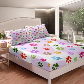 Homewish - Juego de sábanas ajustadas de patas coloridas tamaño queen, juego de sábanas coloridas para patas de perro, funda de cama de animales encantadores, colcha ultra suave y transpirable, 3