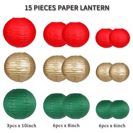 zilue Paper Lanterns Decorative, Round Hanging Paper Lanterns Decorations for Christmas Graduation Anniversary Birthday Party Supplies Green/Red/Gold 15pcs