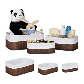 3 x Storage Baskets Bamboo Fabric Cover Shelf Basket Rectangular Bathroom Accessories Toys All-Purpose Basket 3 Sizes Brown