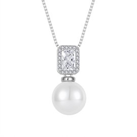 Inpasne Pearl Necklace for Women 925 Sterling Silver Emerald Cut Cubic Zirconia Pendant April Birthstone Necklace Jewelry Gifts for Her