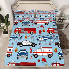 Feelyou Cartoon Police Car Bedding Sheets Red Fire Truck Bed Sheet Set for Kids Boys Toddler Fire Extinguisher Bedding Fitted Sheet Airplane Bed Cover 1 Bed Sheet Set with 2 Pillowcases Full Size